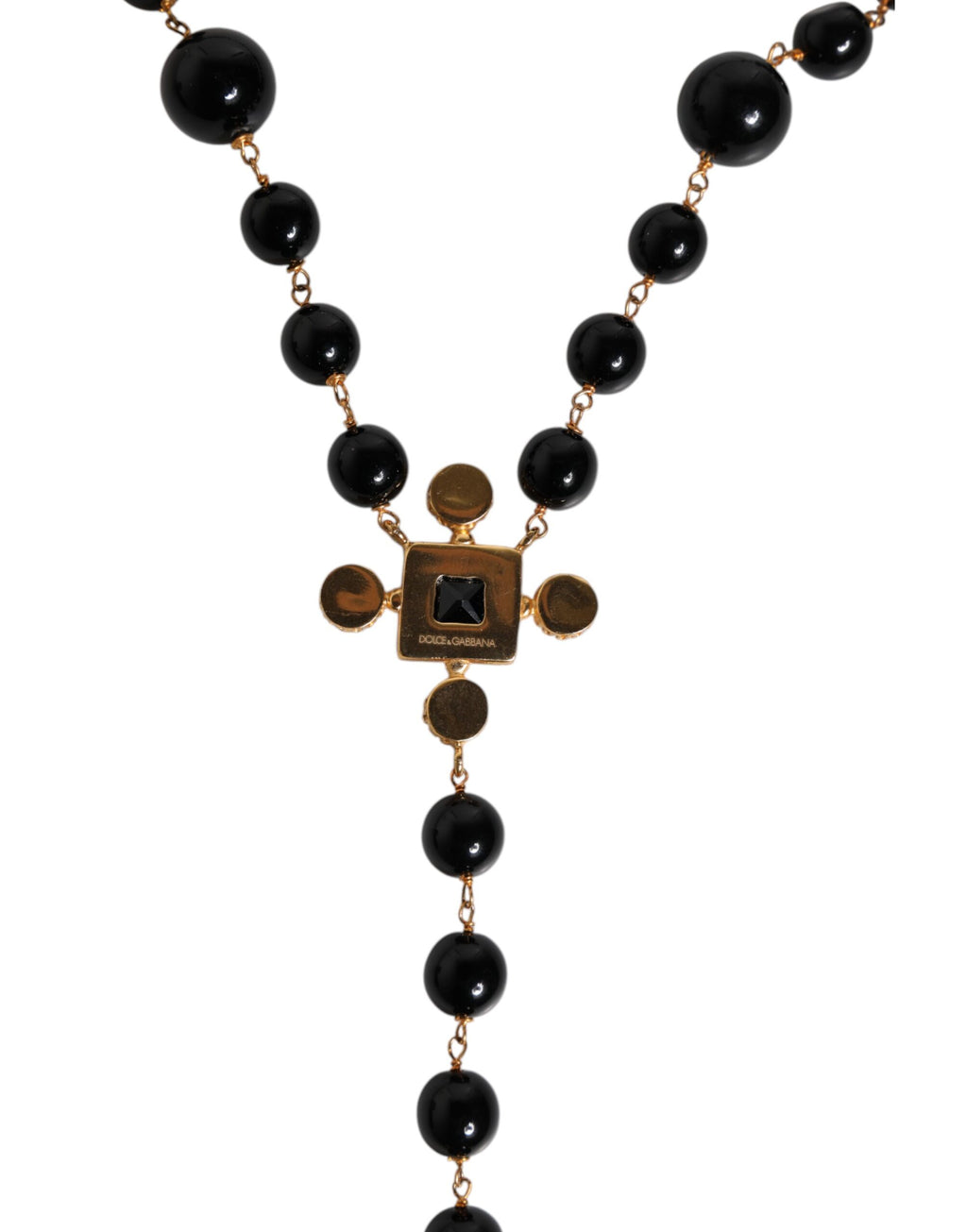 Halskette mit Rosenkranz-Anhänger aus goldenem Messing und schwarzen Perlen