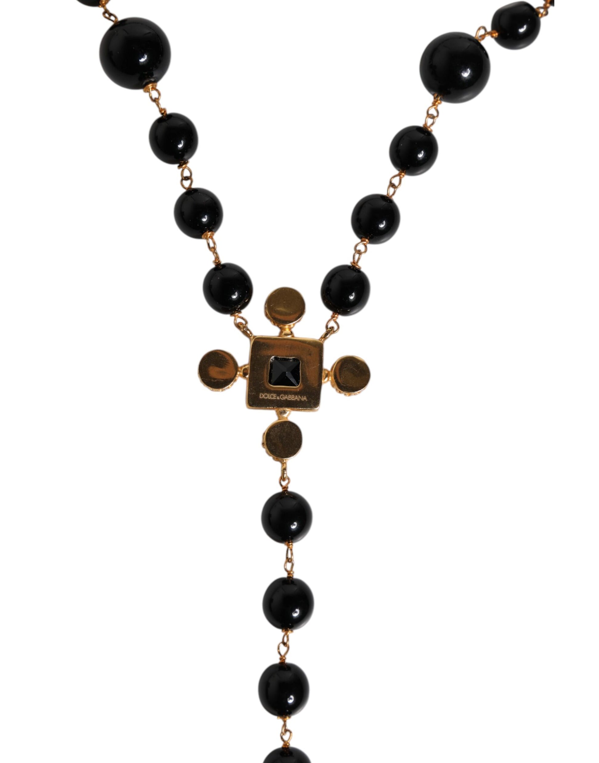 Halskette mit Rosenkranz-Anhänger aus goldenem Messing und schwarzen Perlen