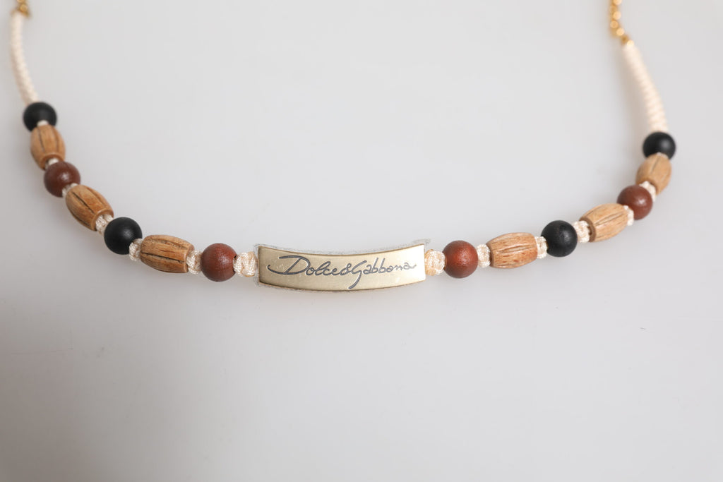 Halskette mit Logo-Anhänger aus Holzperlen in Schwarz und Gold
