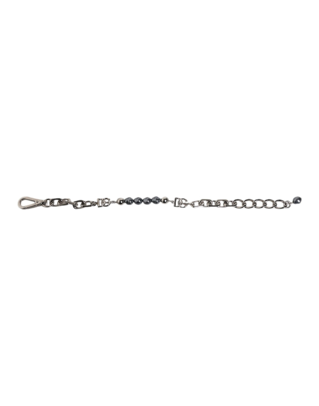 Silberfarbenes Kettenarmband mit Karabinerverschluss und grauen Perlen