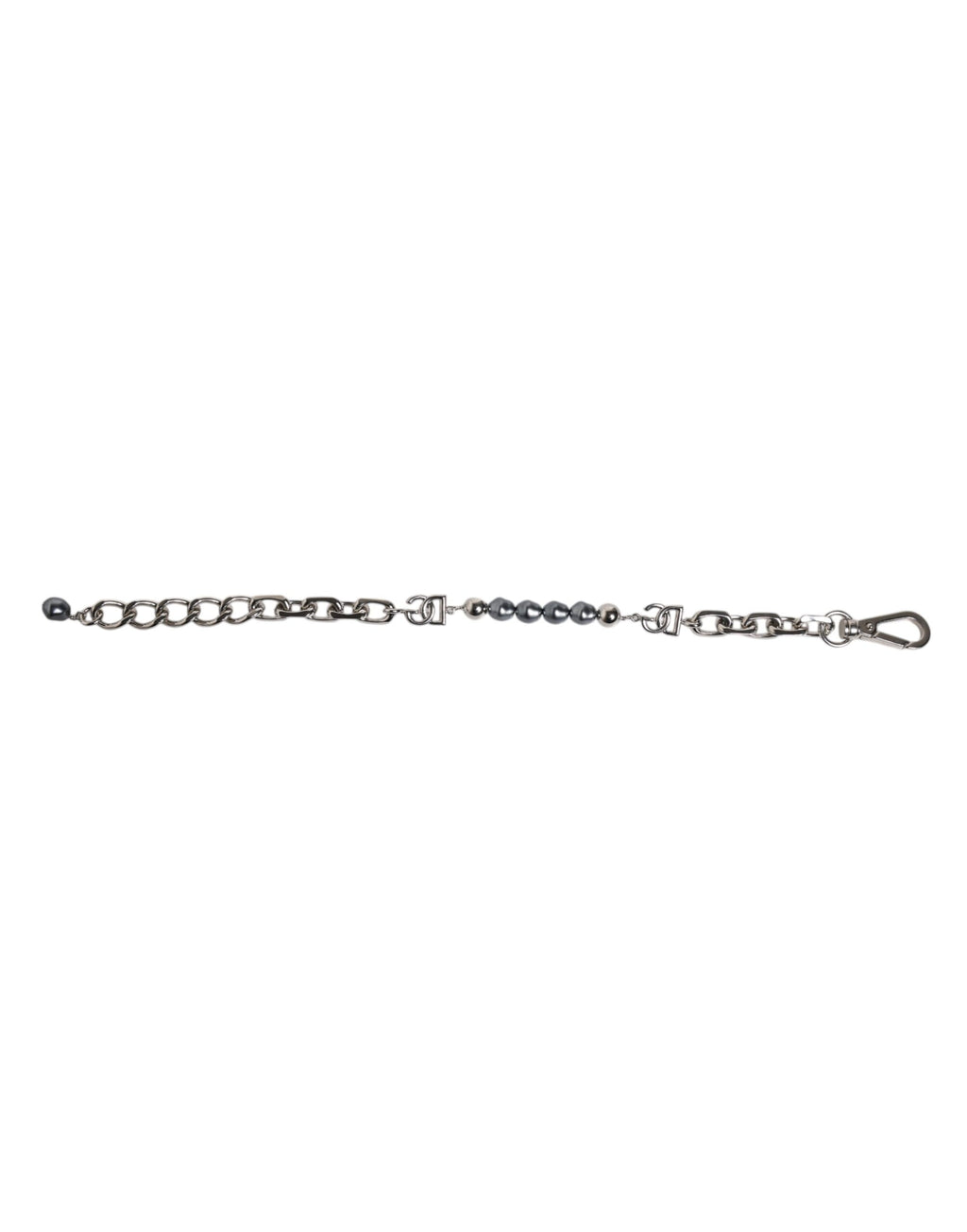Silberfarbenes Kettenarmband mit Karabinerverschluss und grauen Perlen