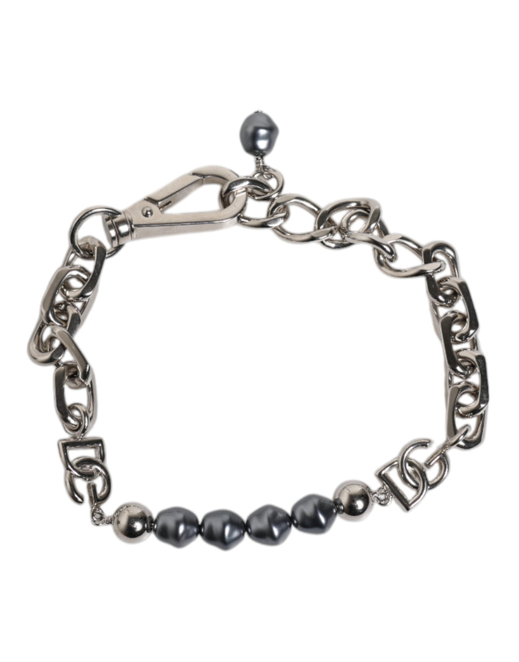 Silberfarbenes Kettenarmband mit Karabinerverschluss und grauen Perlen