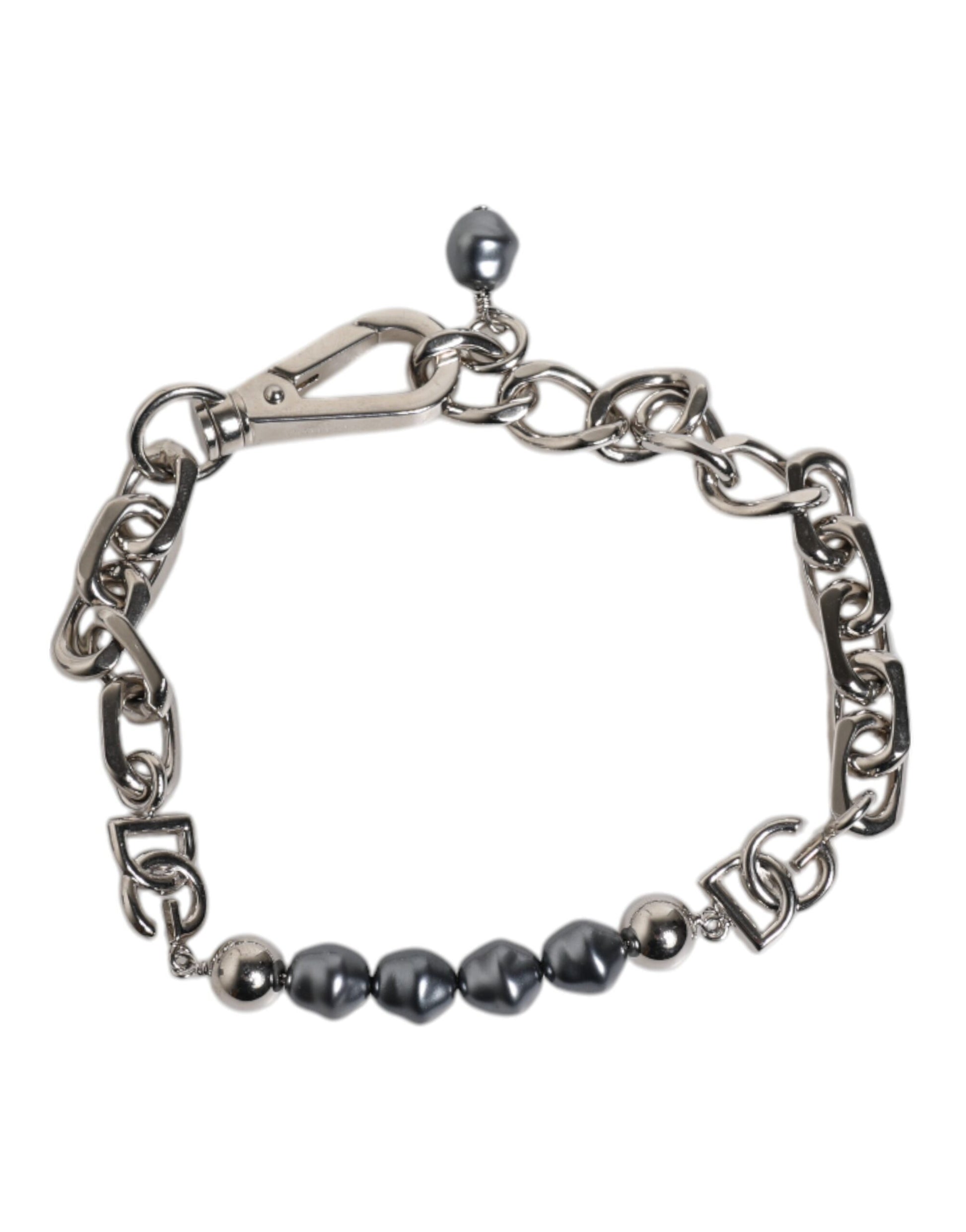 Dolce & Gabbana Silver Tone Chain Lobster Clasp Logo Gray Pearls Bracelet