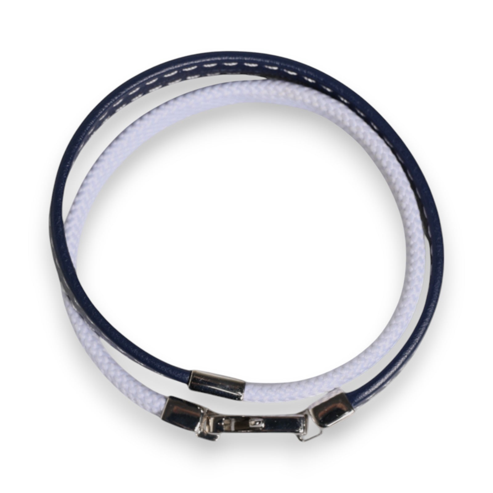 Dolce & Gabbana Blue White Leather Trimmed DG Engraved Silver Tone Clasp Bracelet