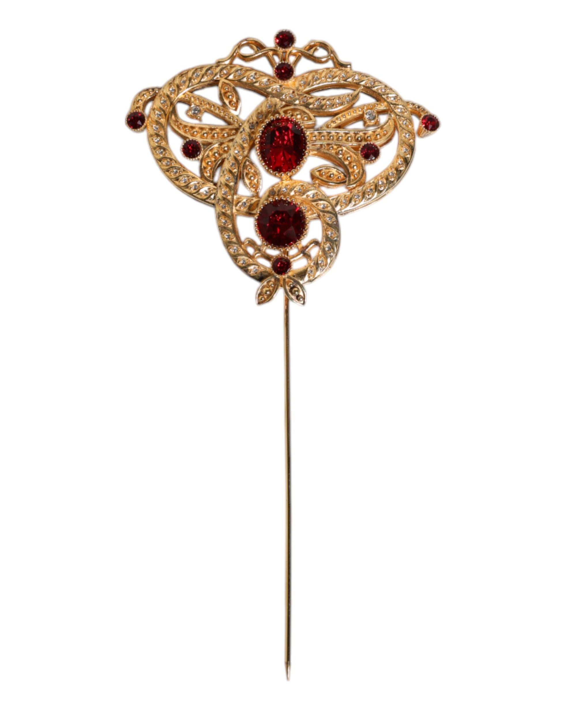 Dolce & Gabbana Gold Tone Red Crystal Embellish 925 Sterling Silver Pin