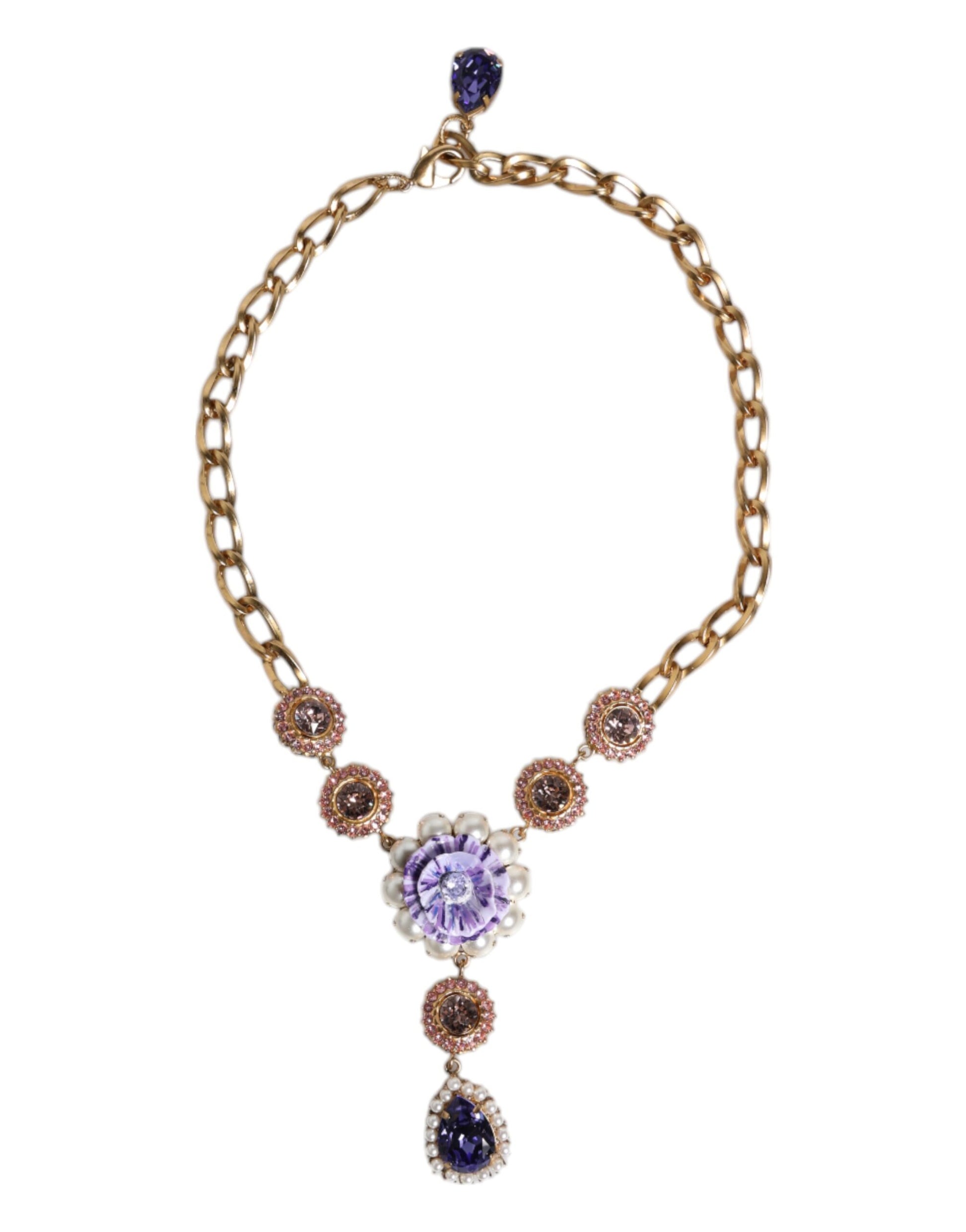 Halskette aus goldfarbenem Messing mit floralen Kristallen und Perlenverzierung