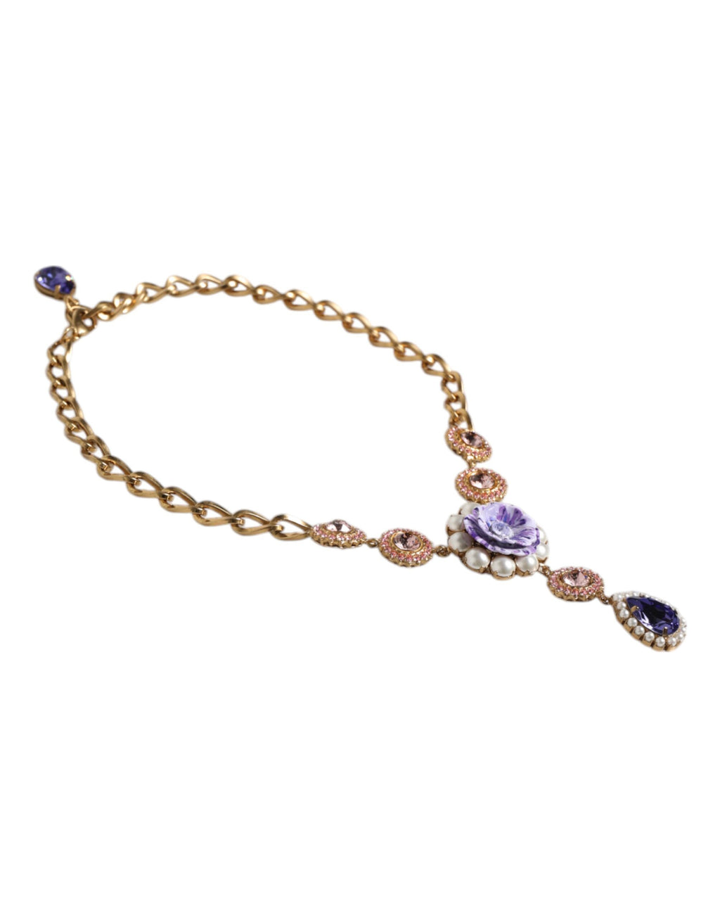 Gold Brass Floral Crystals Pearl Embellished Necklace