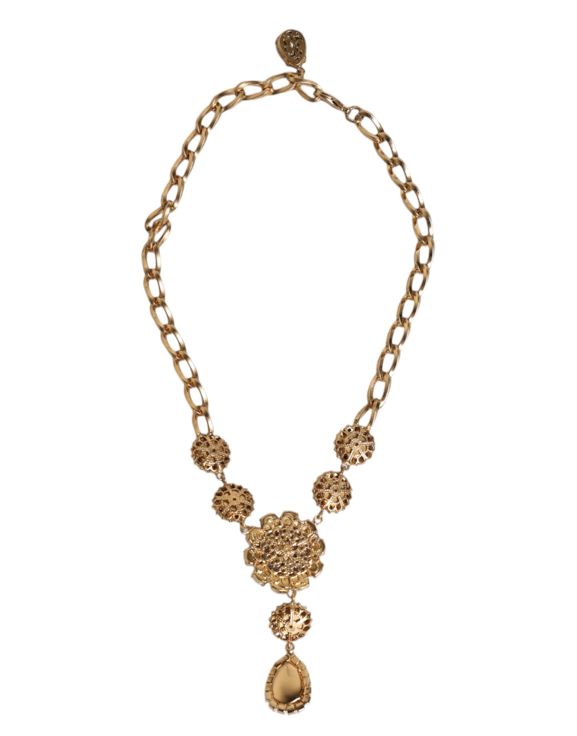 Halskette aus goldfarbenem Messing mit floralen Kristallen und Perlenverzierung