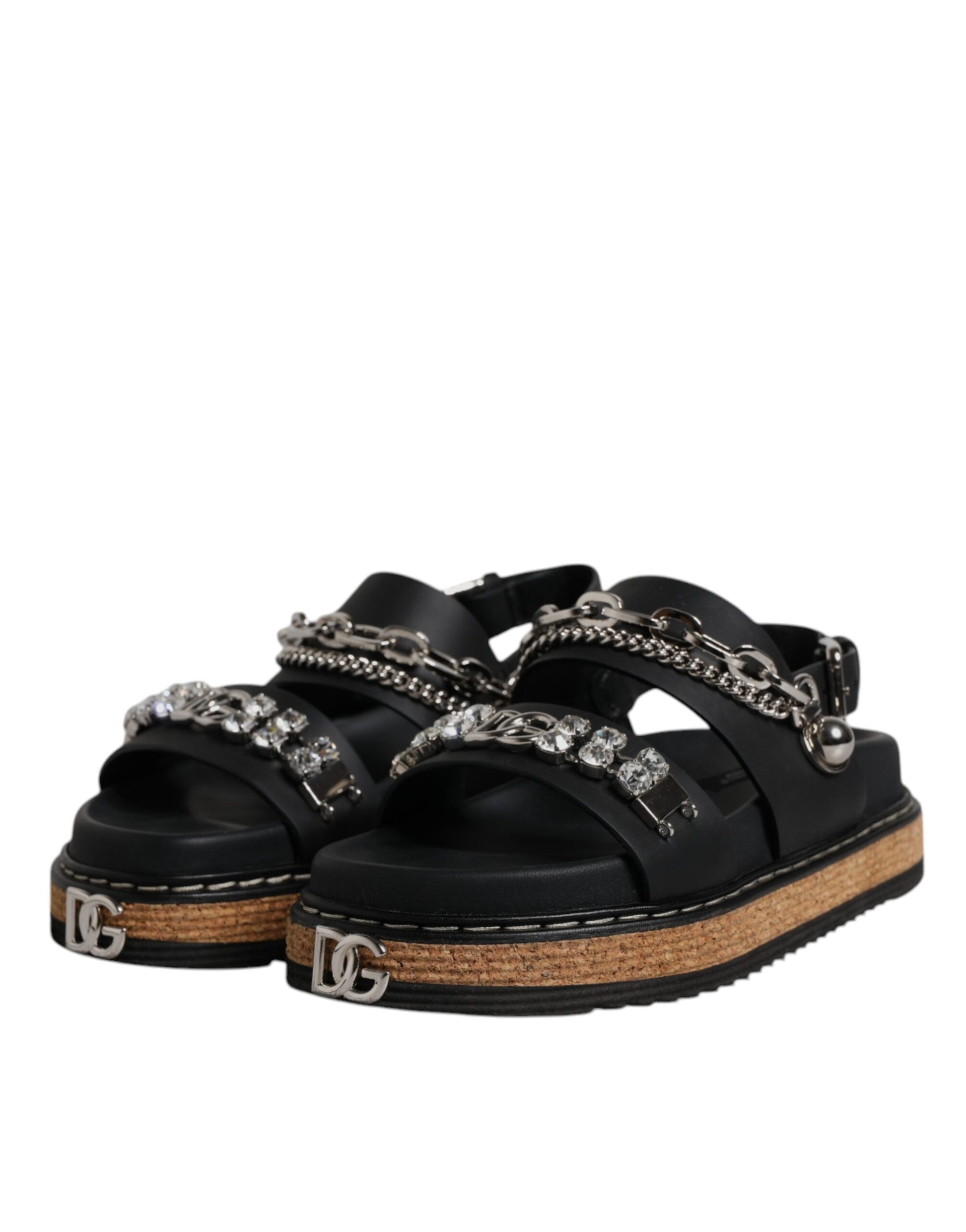 Dolce & Gabbana Black Crystal Embellish Strap Sandals Shoes