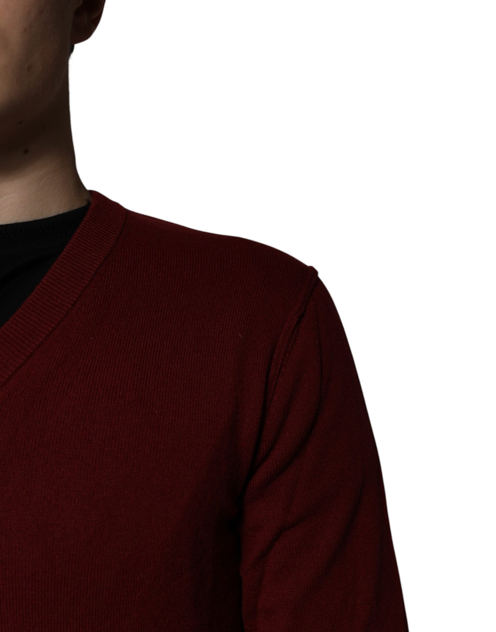Dolce & Gabbana Maroon Cashmere V-neck Men Pullover Sweater