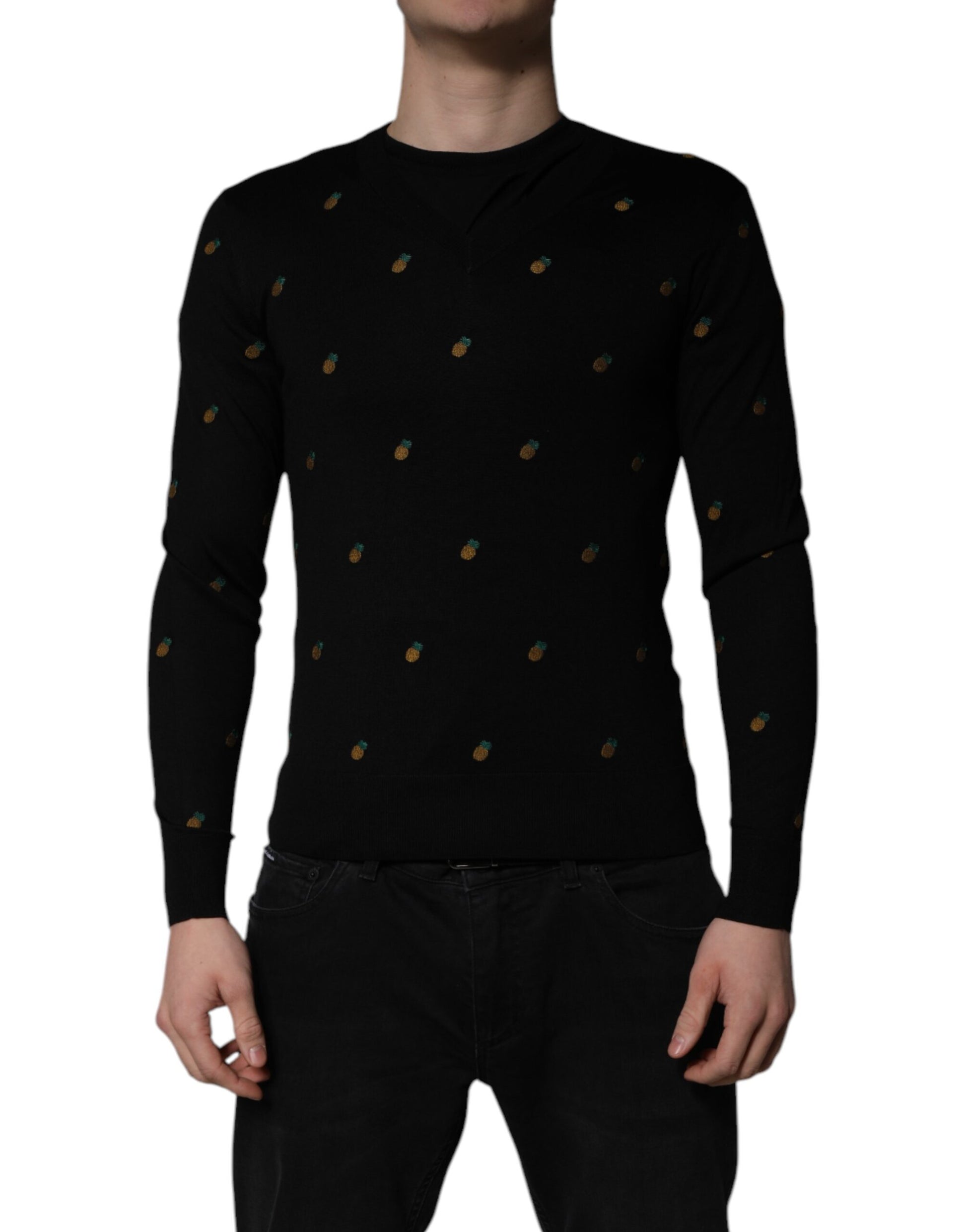 Schwarzer Pullover mit Rundhalsausschnitt und Ananas-Print