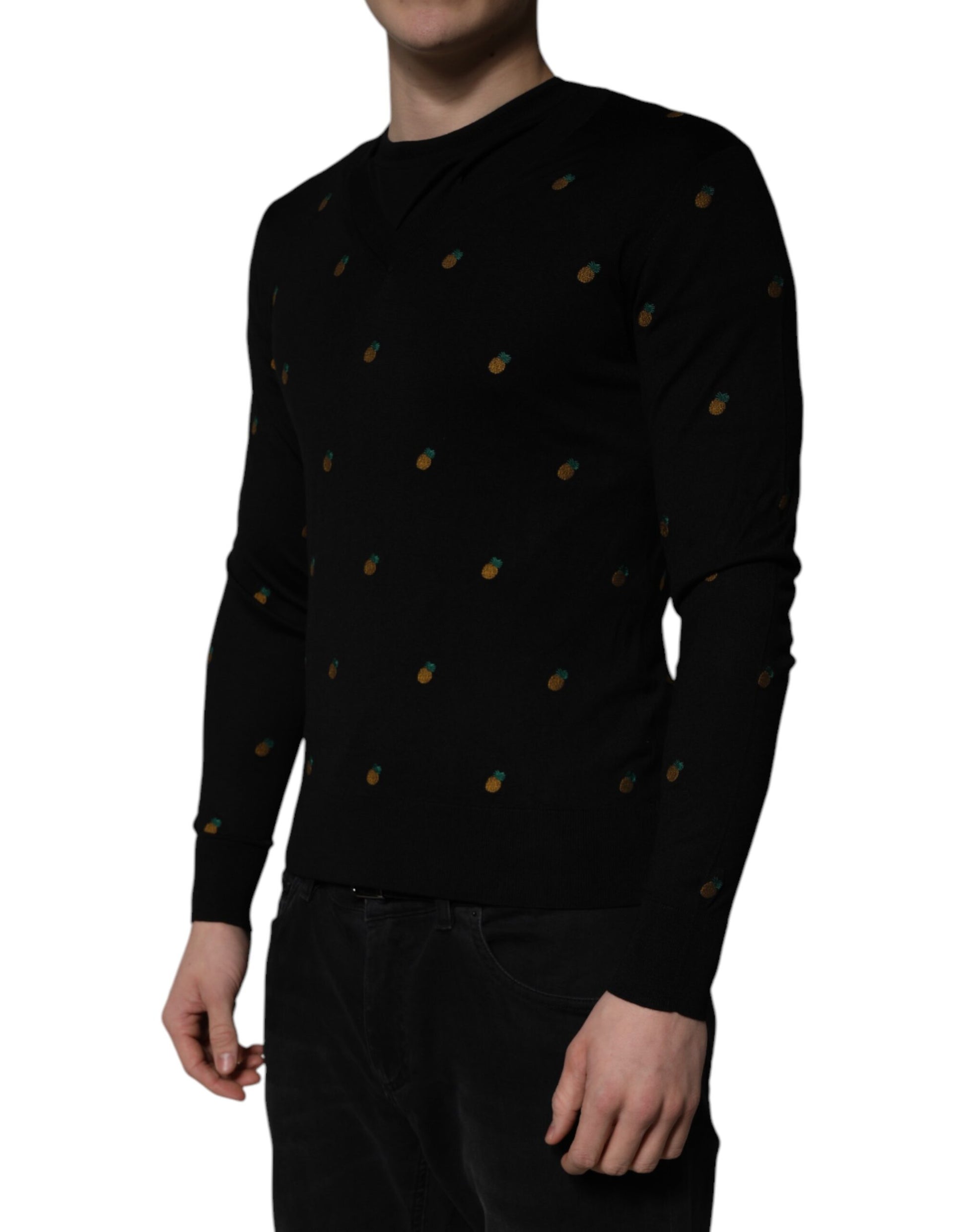 Schwarzer Pullover mit Rundhalsausschnitt und Ananas-Print