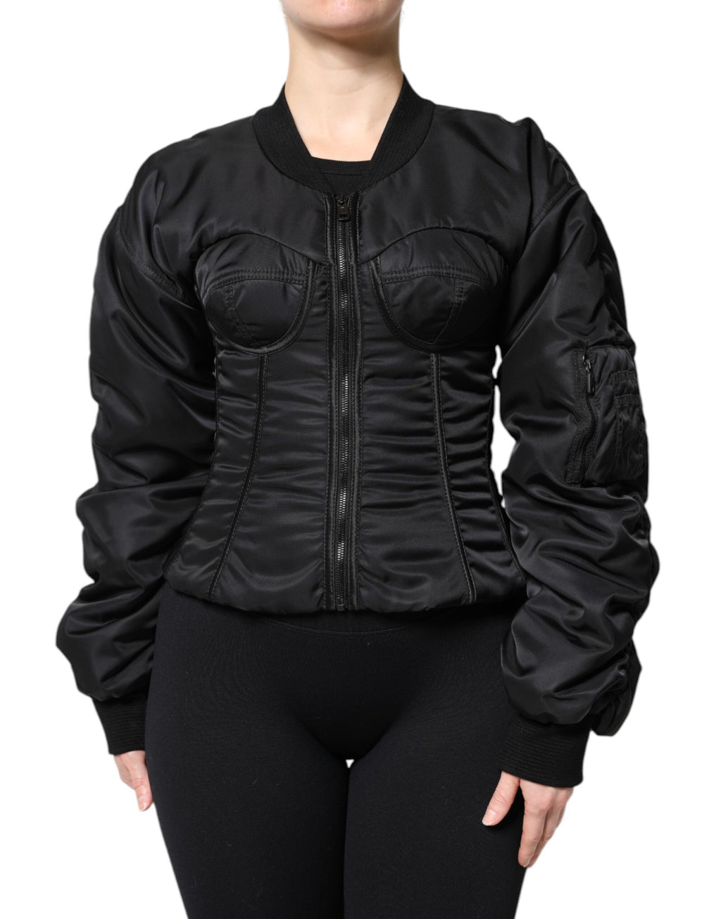 Schwarze Nylon-Bustier-Korsettjacke mit durchgehendem Reißverschluss