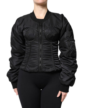 Schwarze Nylon-Bustier-Korsettjacke mit durchgehendem Reißverschluss