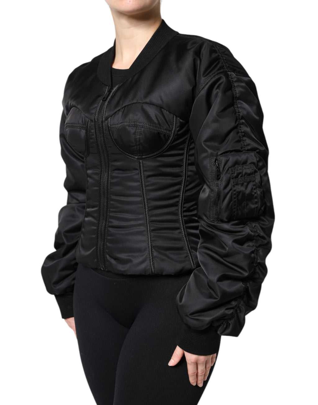 Schwarze Nylon-Bustier-Korsettjacke mit durchgehendem Reißverschluss