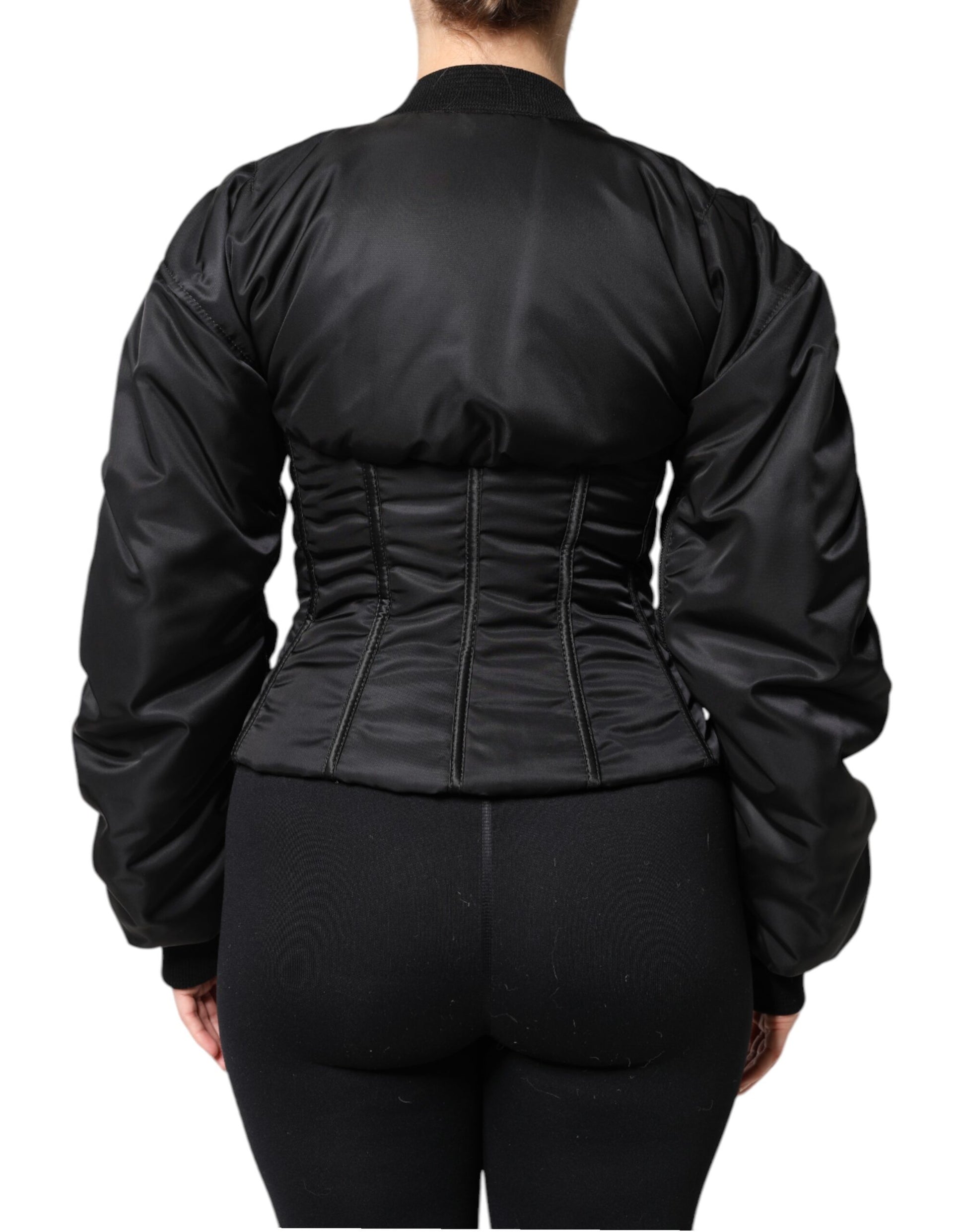 Schwarze Nylon-Bustier-Korsettjacke mit durchgehendem Reißverschluss