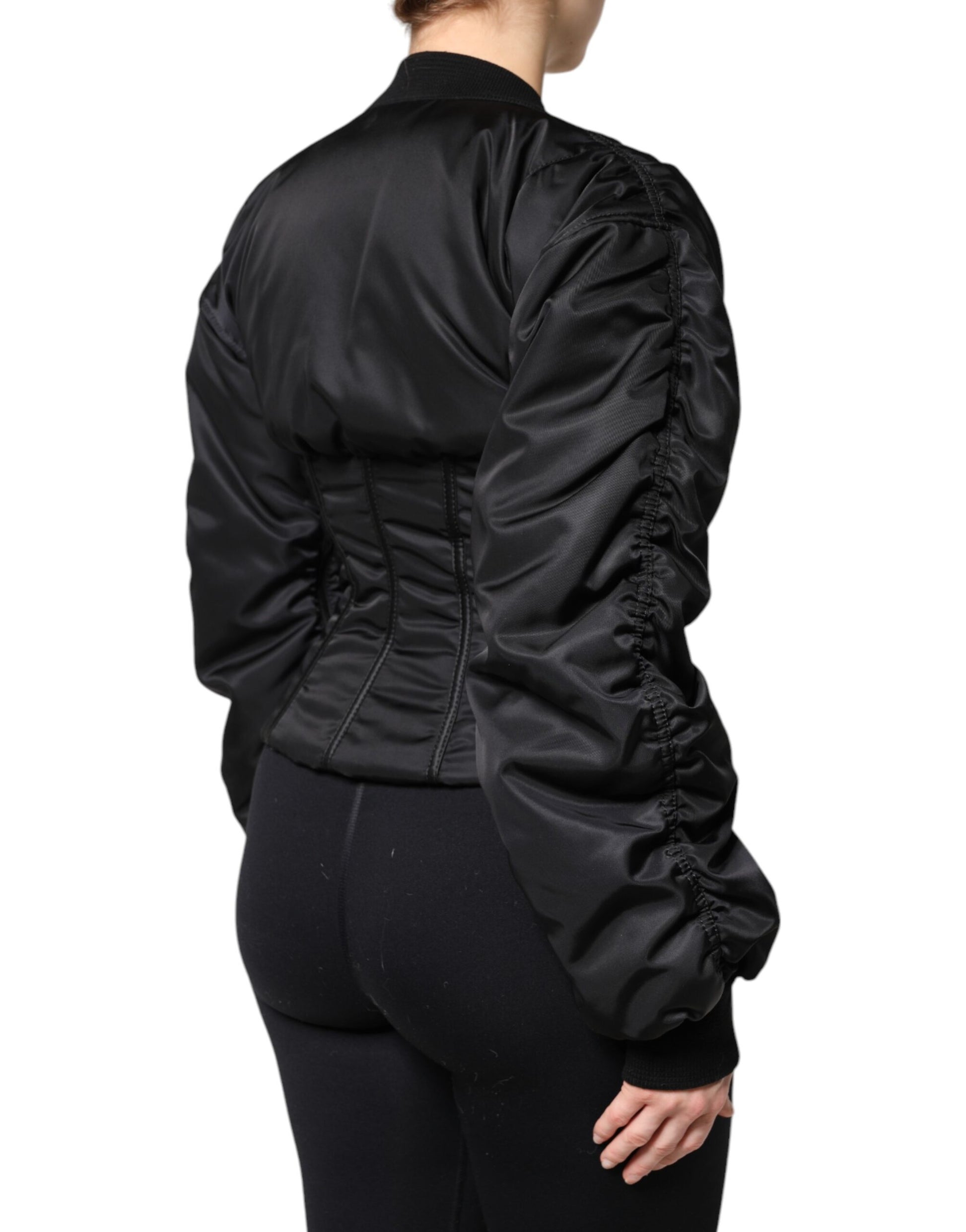 Schwarze Nylon-Bustier-Korsettjacke mit durchgehendem Reißverschluss