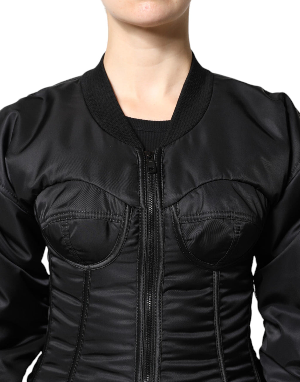 Schwarze Nylon-Bustier-Korsettjacke mit durchgehendem Reißverschluss