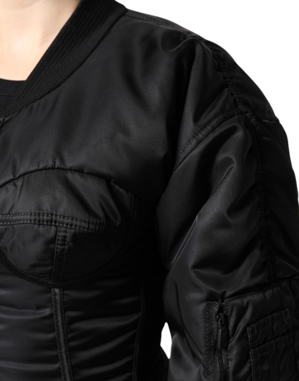 Schwarze Nylon-Bustier-Korsettjacke mit durchgehendem Reißverschluss