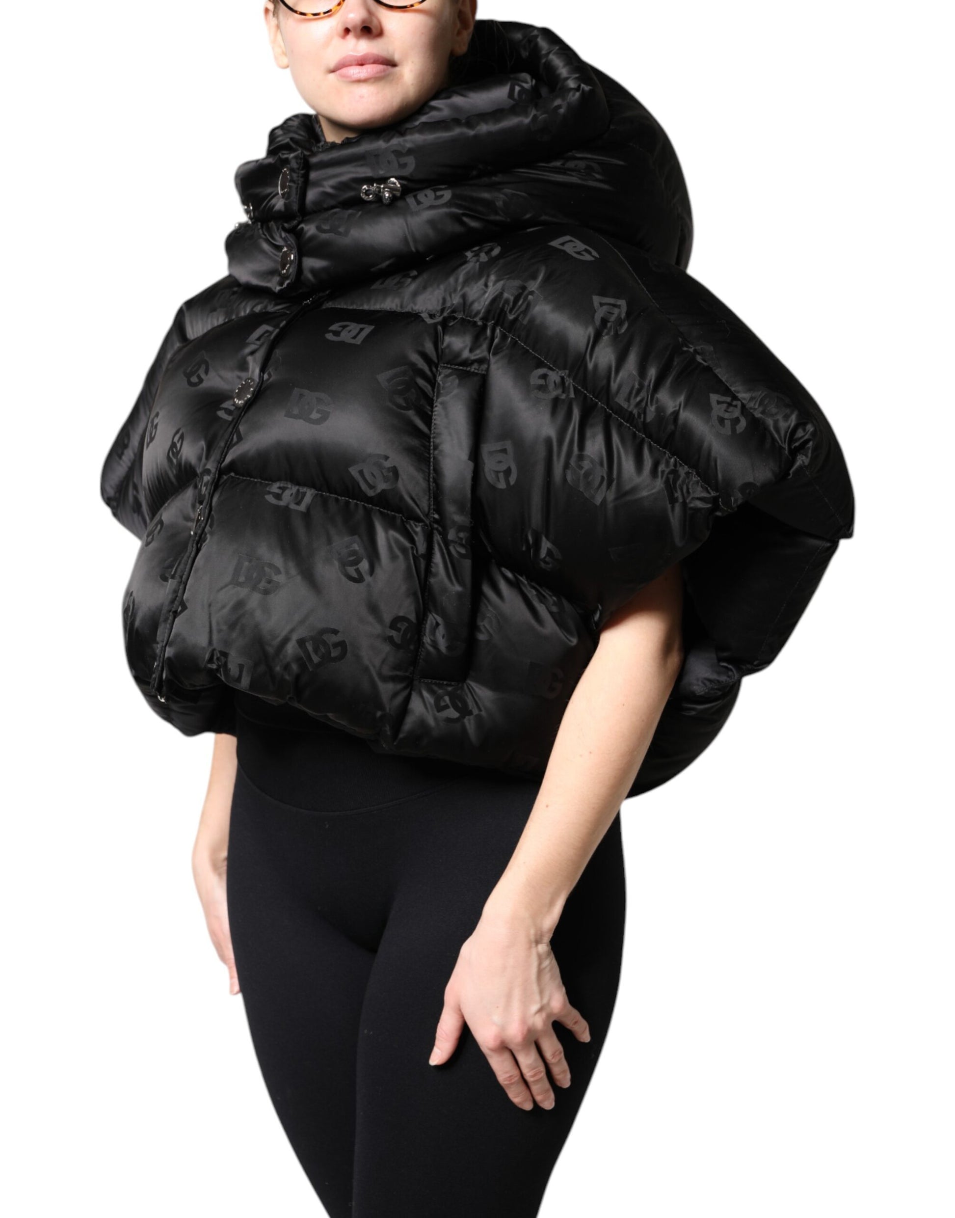 Dolce & Gabbana Black Padded Puffer Hooded Full Zip Cropped Jacket