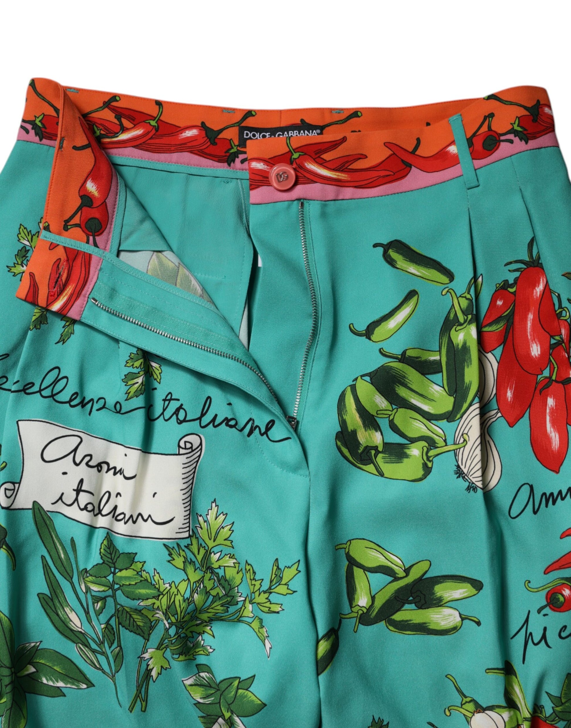Grüne, gerade Hose aus bedruckter Seide