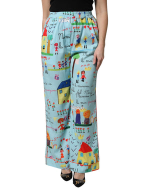 Hellblaue, mittelhohe Hose mit weitem Bein und Zeichnung