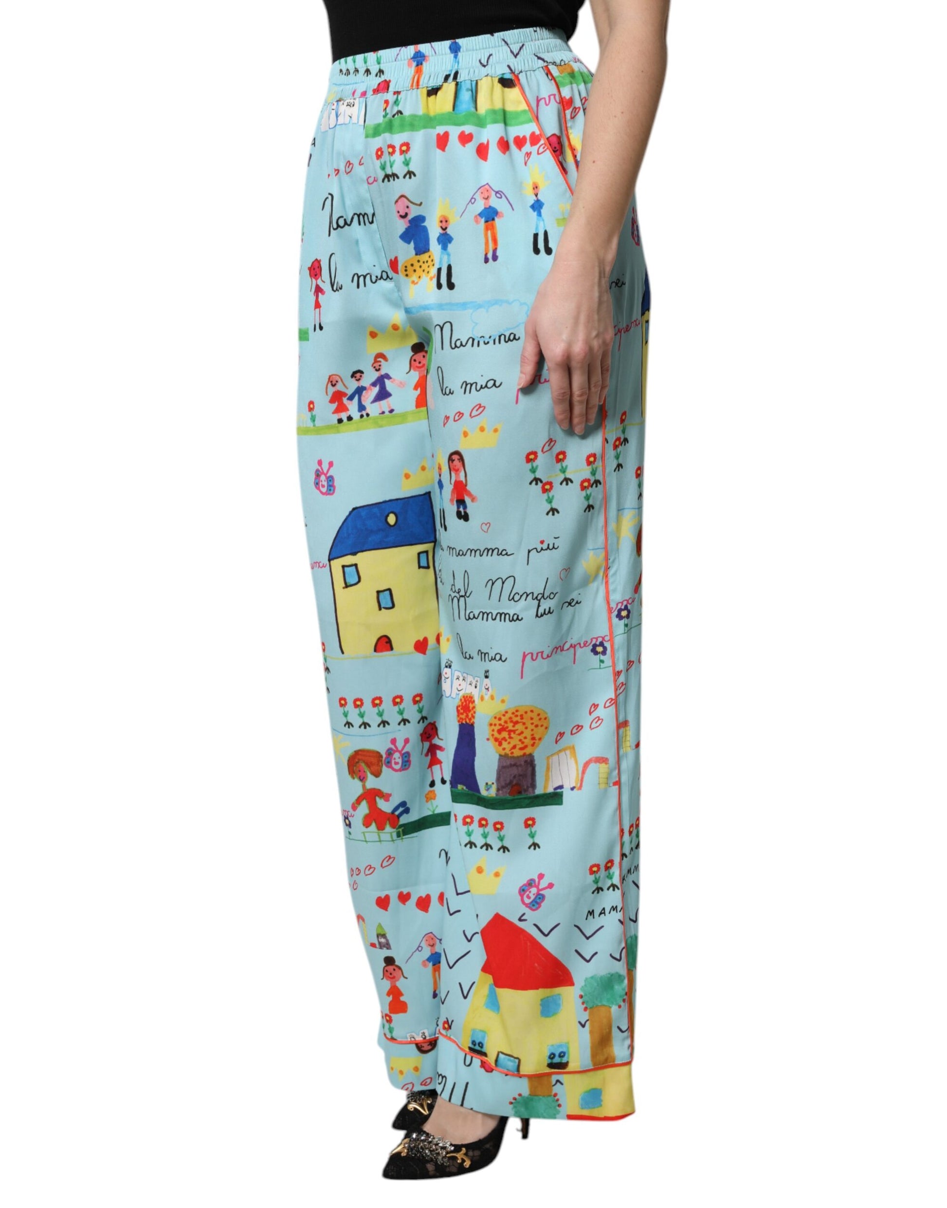 Hellblaue, mittelhohe Hose mit weitem Bein und Zeichnung
