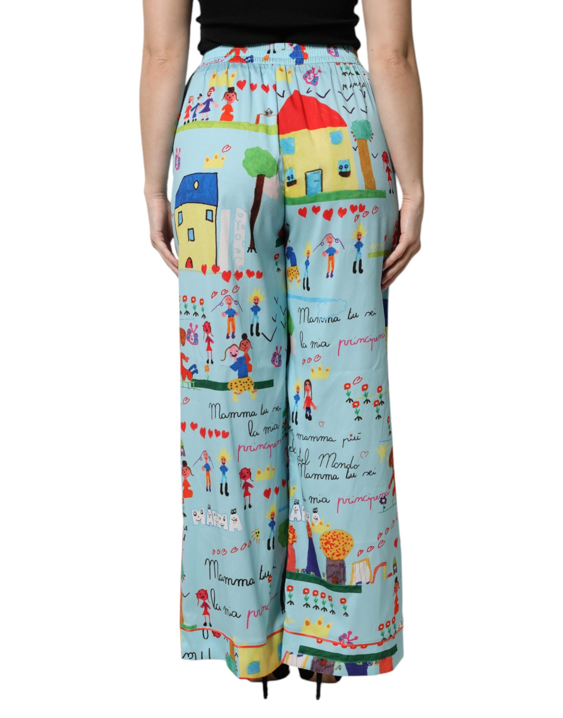 Hellblaue, mittelhohe Hose mit weitem Bein und Zeichnung