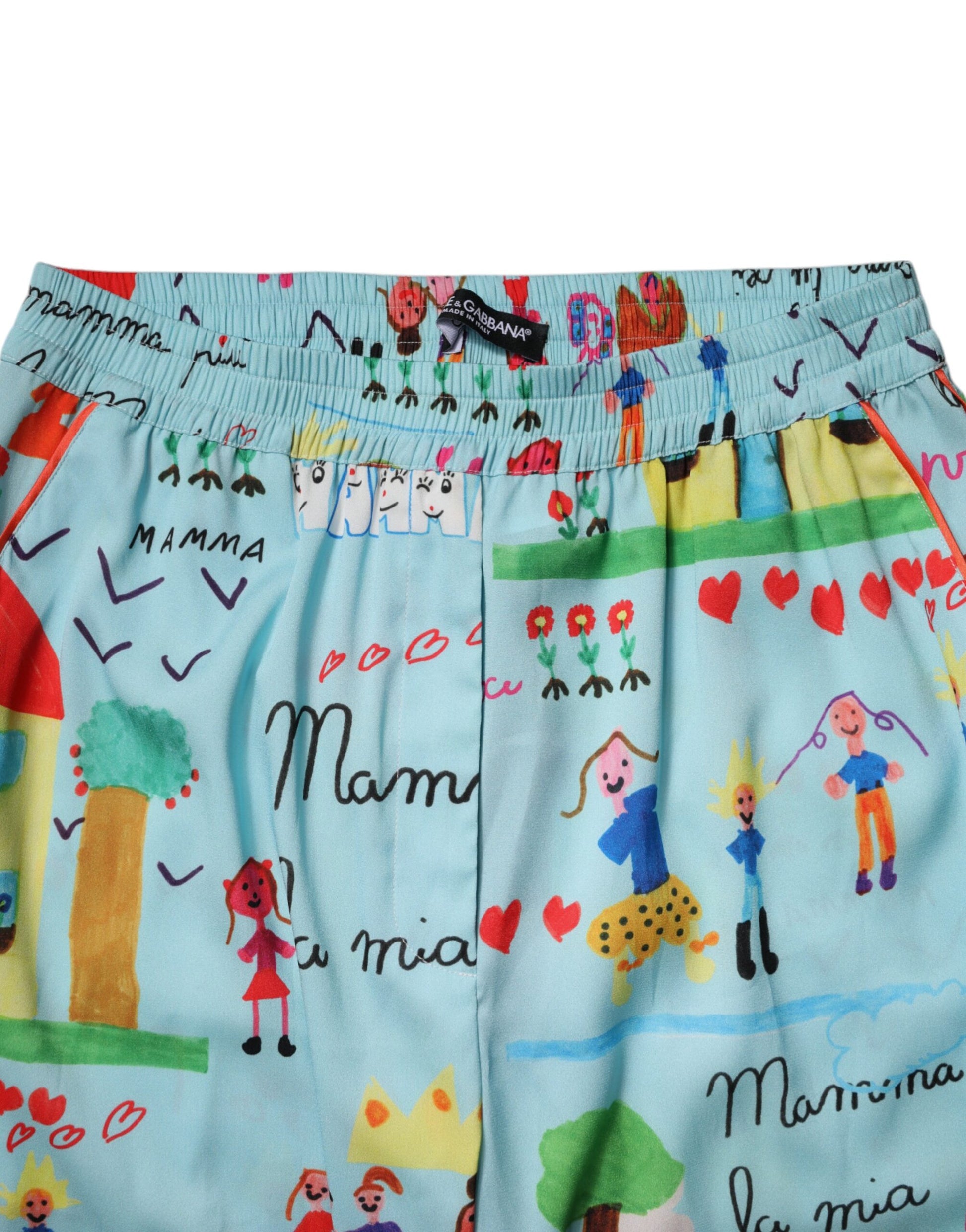 Hellblaue, mittelhohe Hose mit weitem Bein und Zeichnung