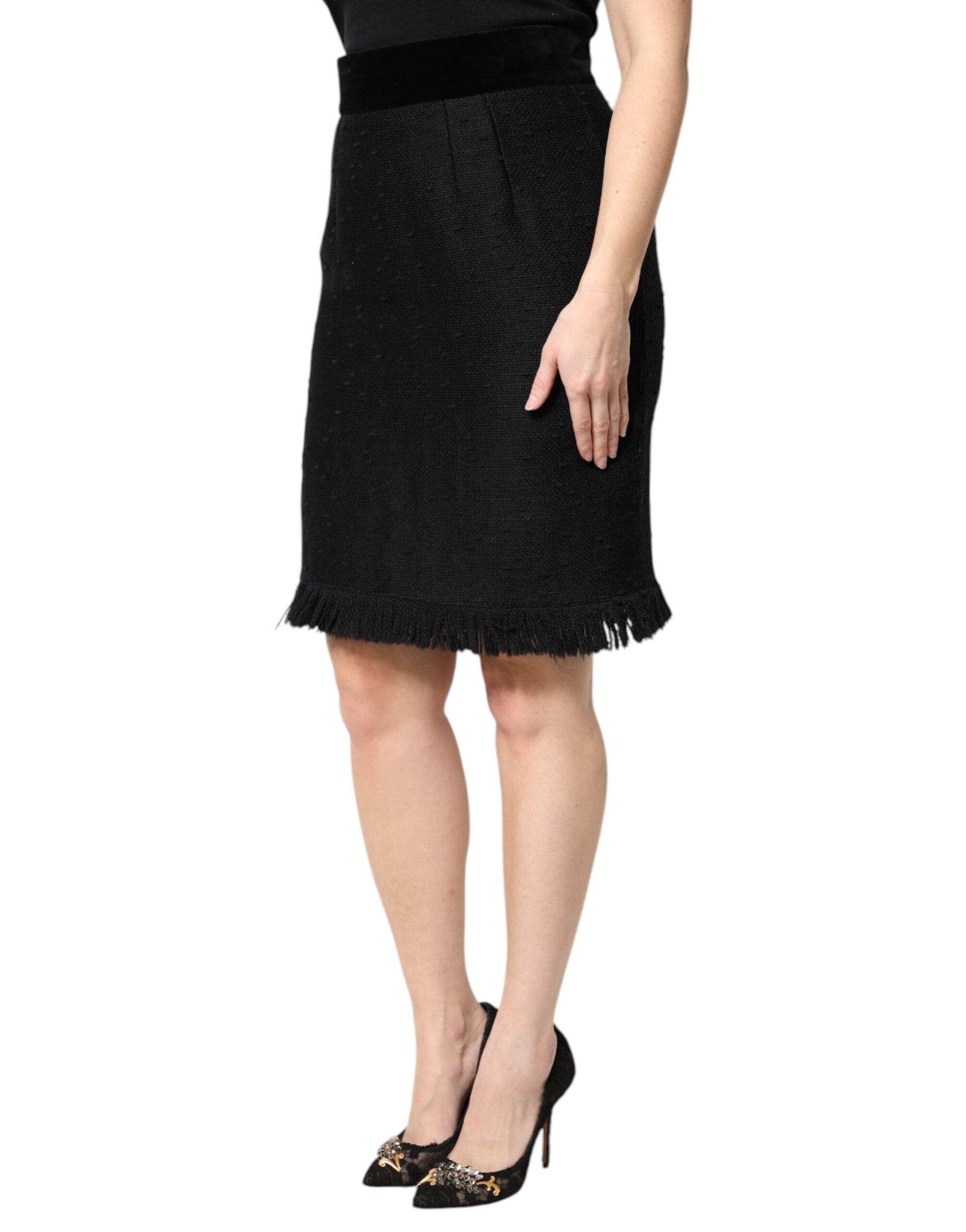 Schwarzer Bleistift-Minirock aus Wolle mit Fransen und hoher Taille