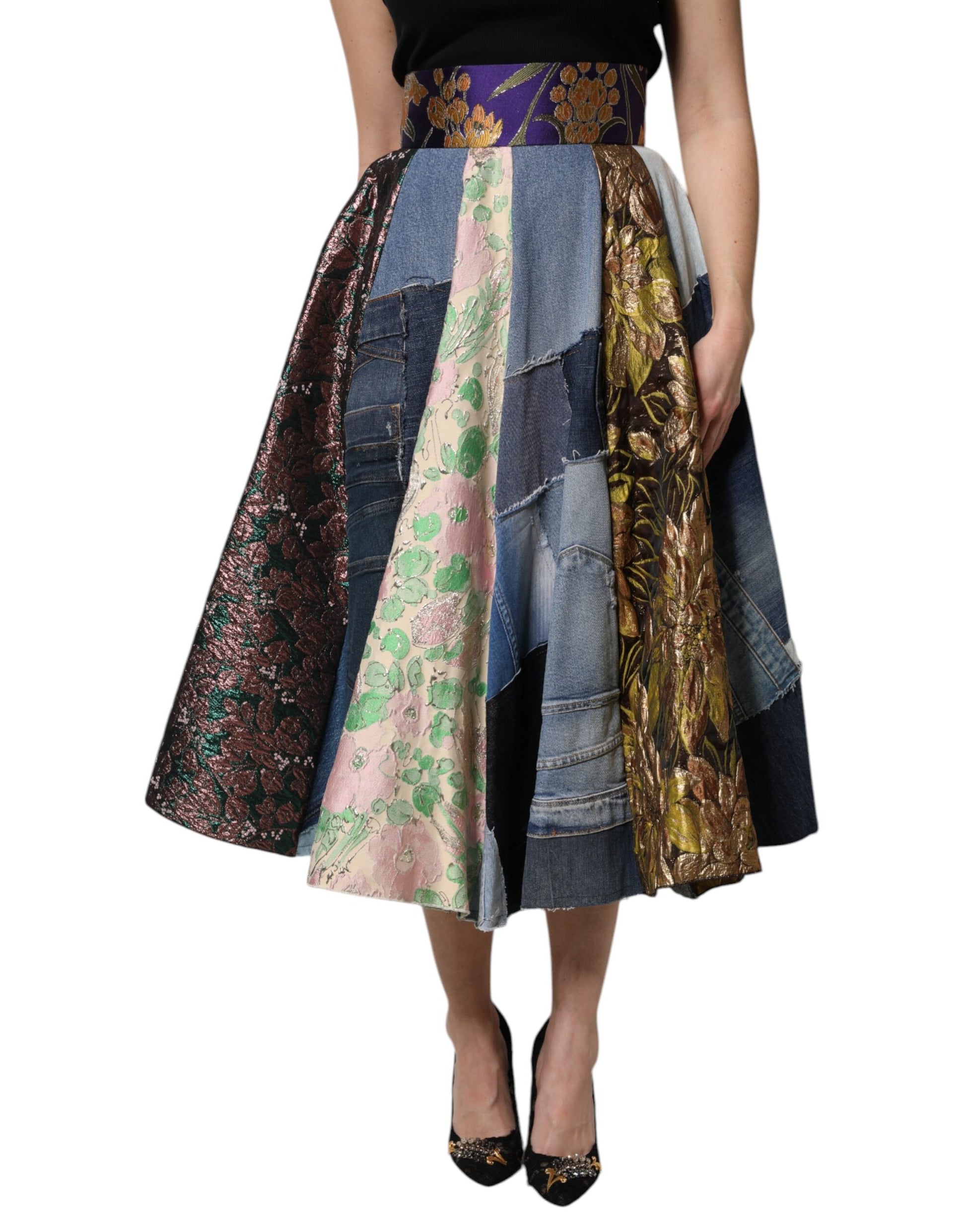 Mehrfarbiger Patchwork-Midirock mit hoher Taille