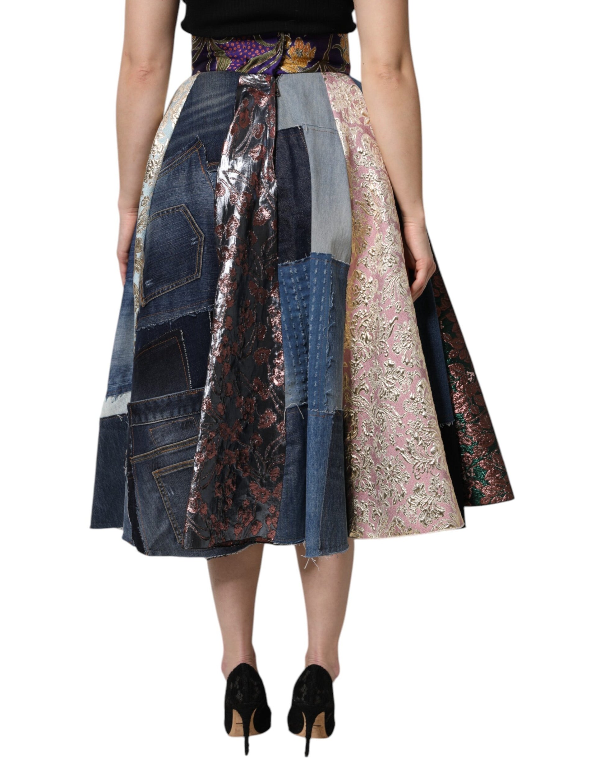 Mehrfarbiger Patchwork-Midirock mit hoher Taille