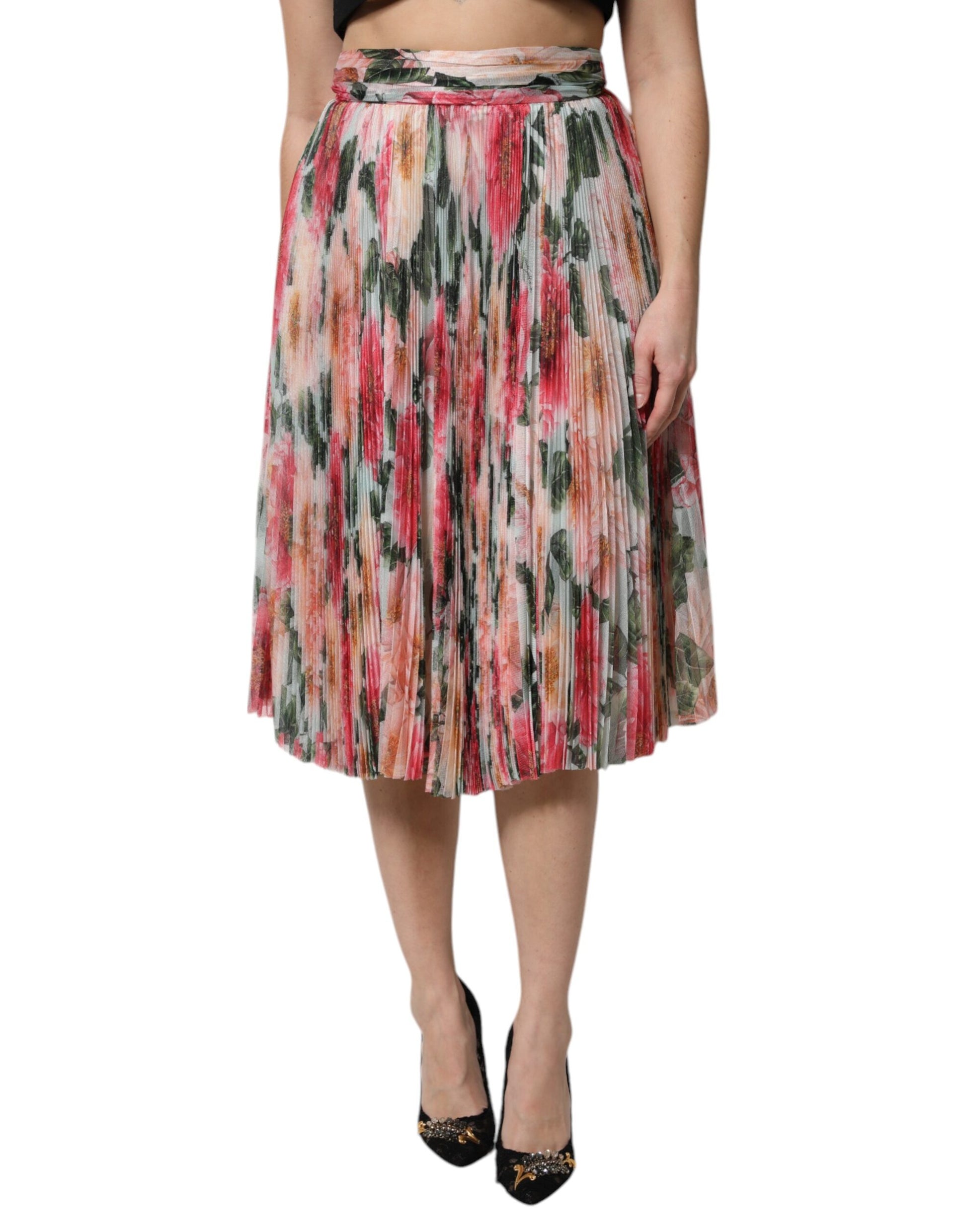 Mehrfarbiger Midirock aus Seide mit Blumenmuster und hoher Taille