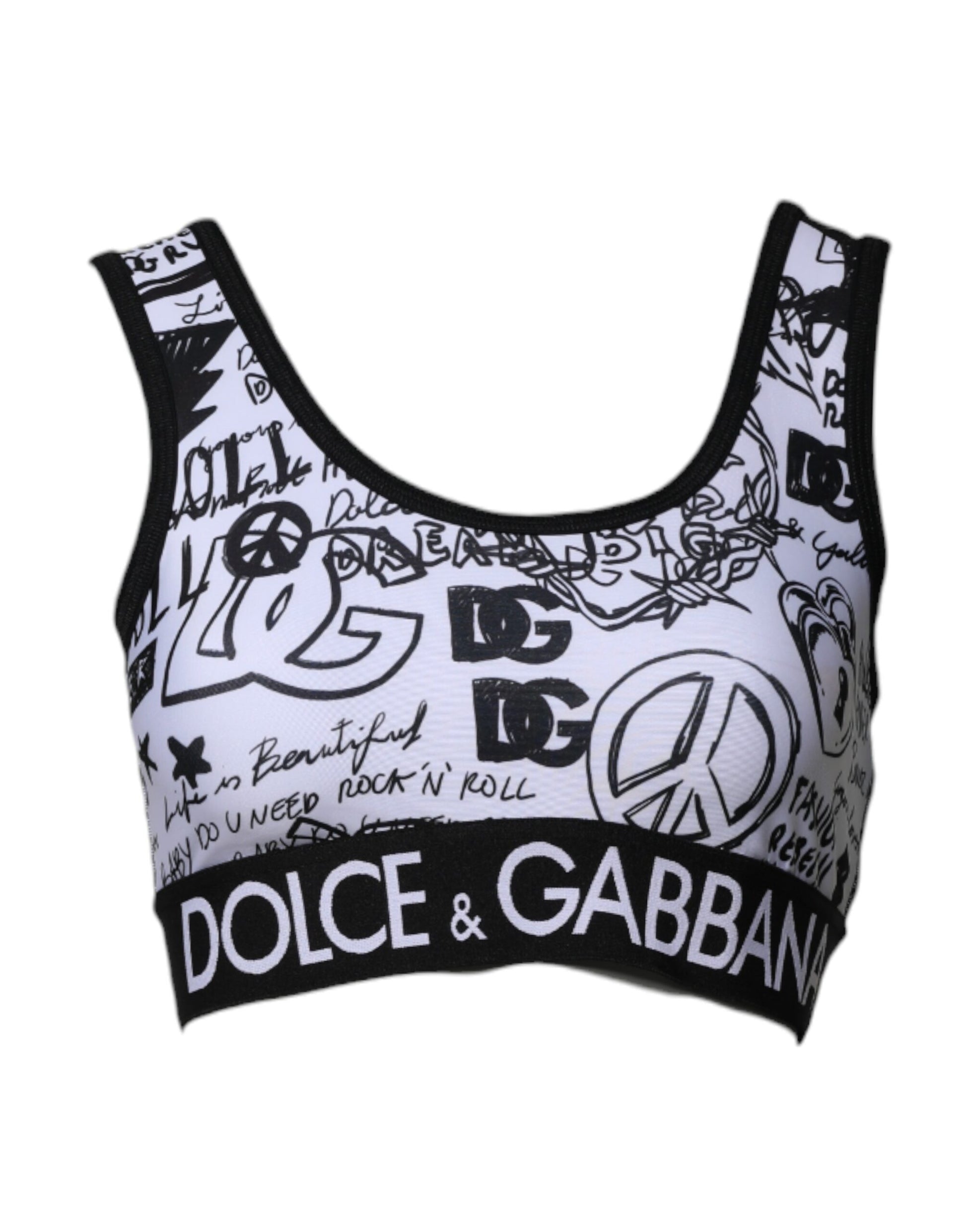 Weißes Sport-BH-Oberteil mit Logoband und Graffiti-Print