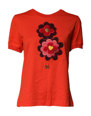 Rotes Baumwoll-T-Shirt mit Rundhalsausschnitt und Blumenstickerei