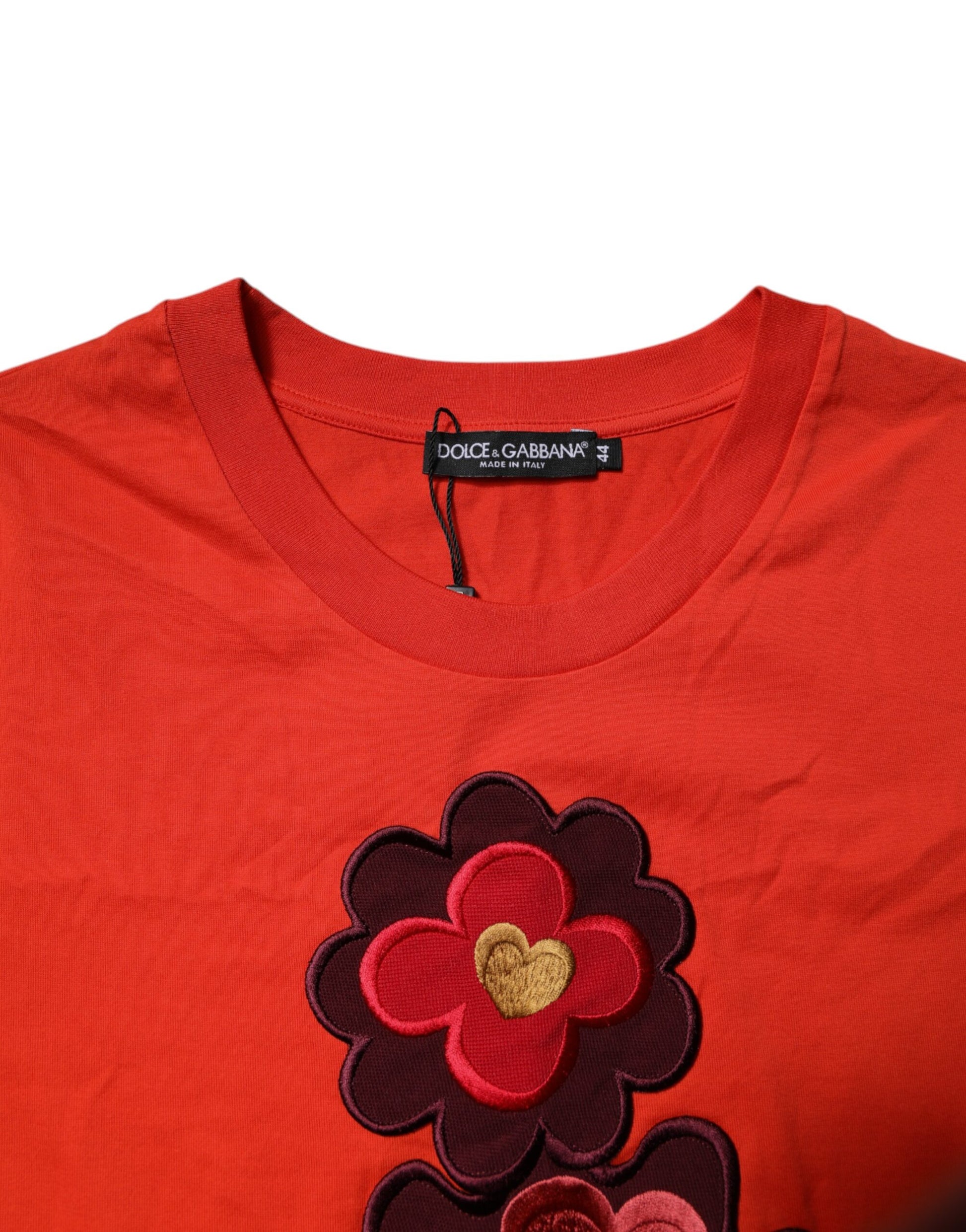 Rotes Baumwoll-T-Shirt mit Rundhalsausschnitt und Blumenstickerei