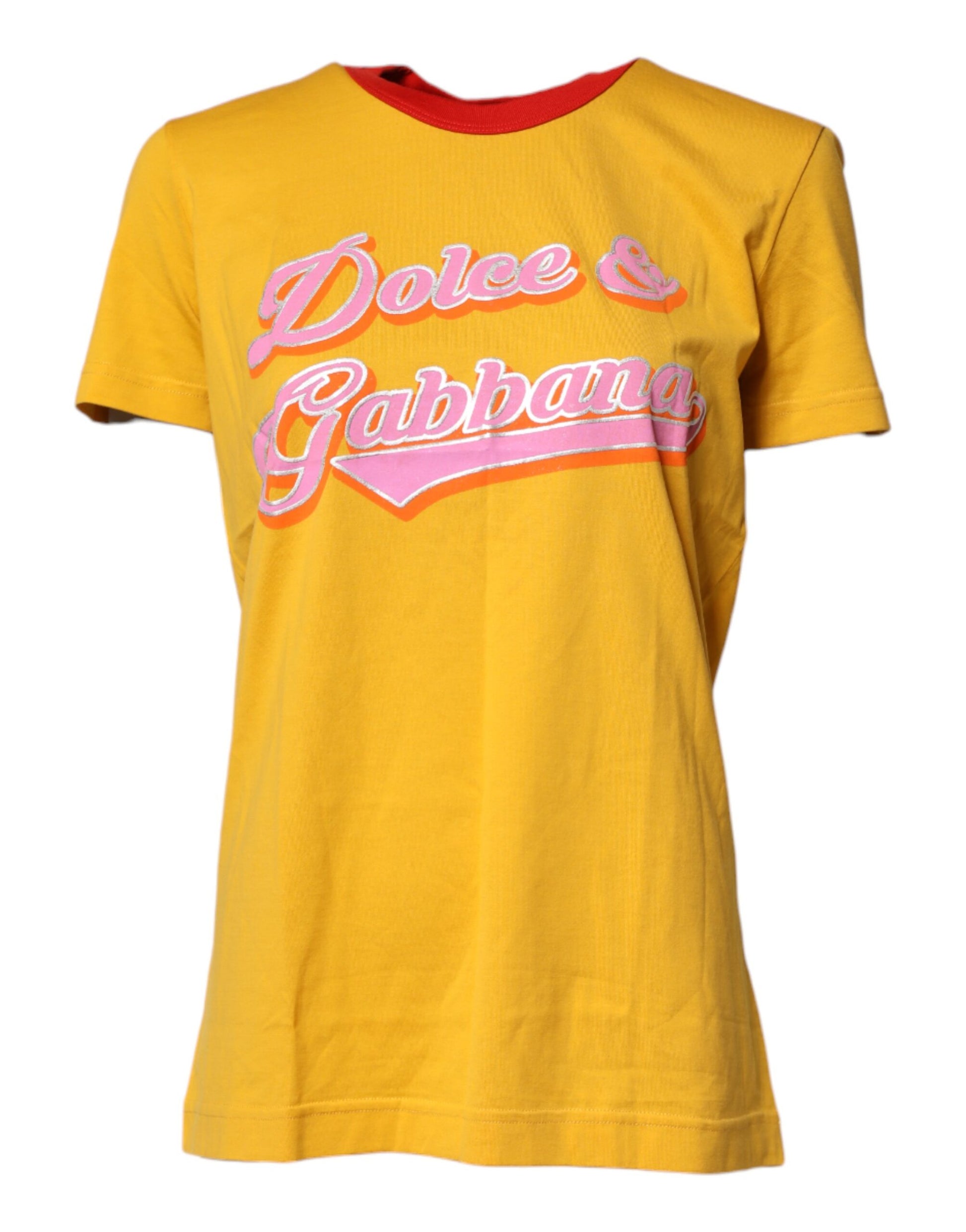 Gelbes bedrucktes Kurzarm-T-Shirt aus Baumwolle