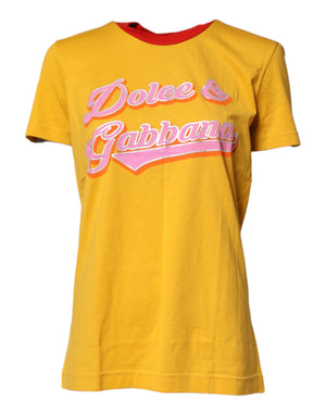 Gelbes bedrucktes Kurzarm-T-Shirt aus Baumwolle