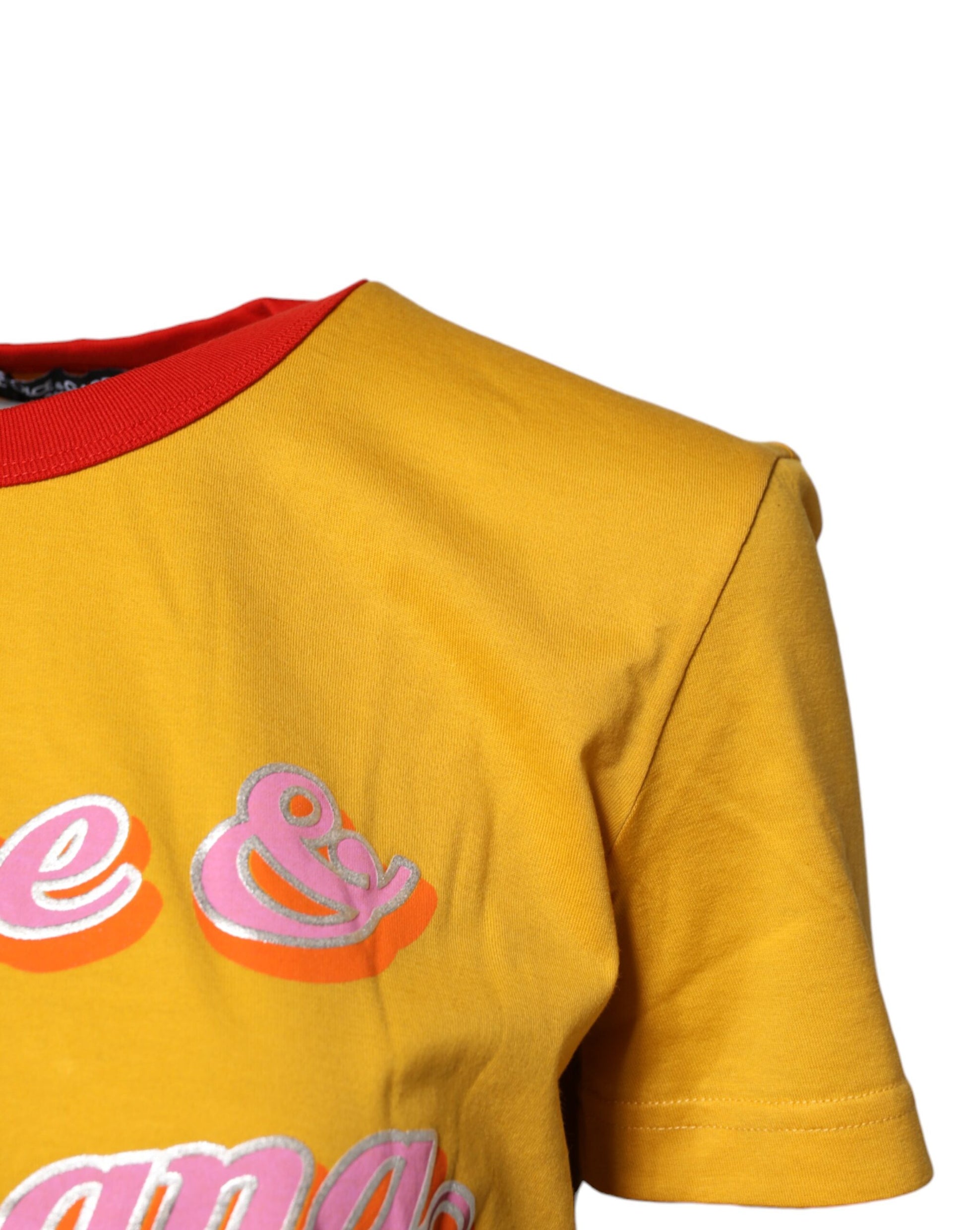 Gelbes bedrucktes Kurzarm-T-Shirt aus Baumwolle