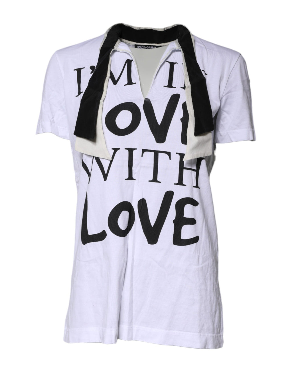 Weißes T-Shirt aus Baumwoll-Seiden-Mischgewebe mit Ascot-Kragen