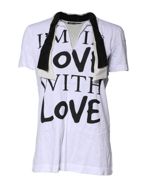 Weißes T-Shirt aus Baumwoll-Seiden-Mischgewebe mit Ascot-Kragen
