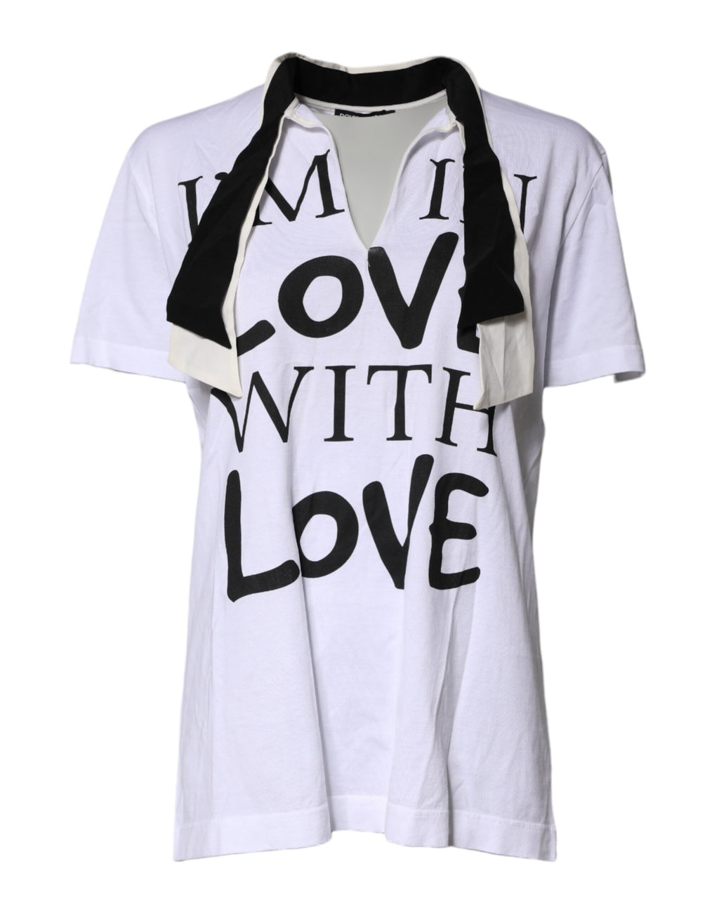 Weißes T-Shirt aus Baumwoll-Seiden-Mischgewebe mit Ascot-Kragen