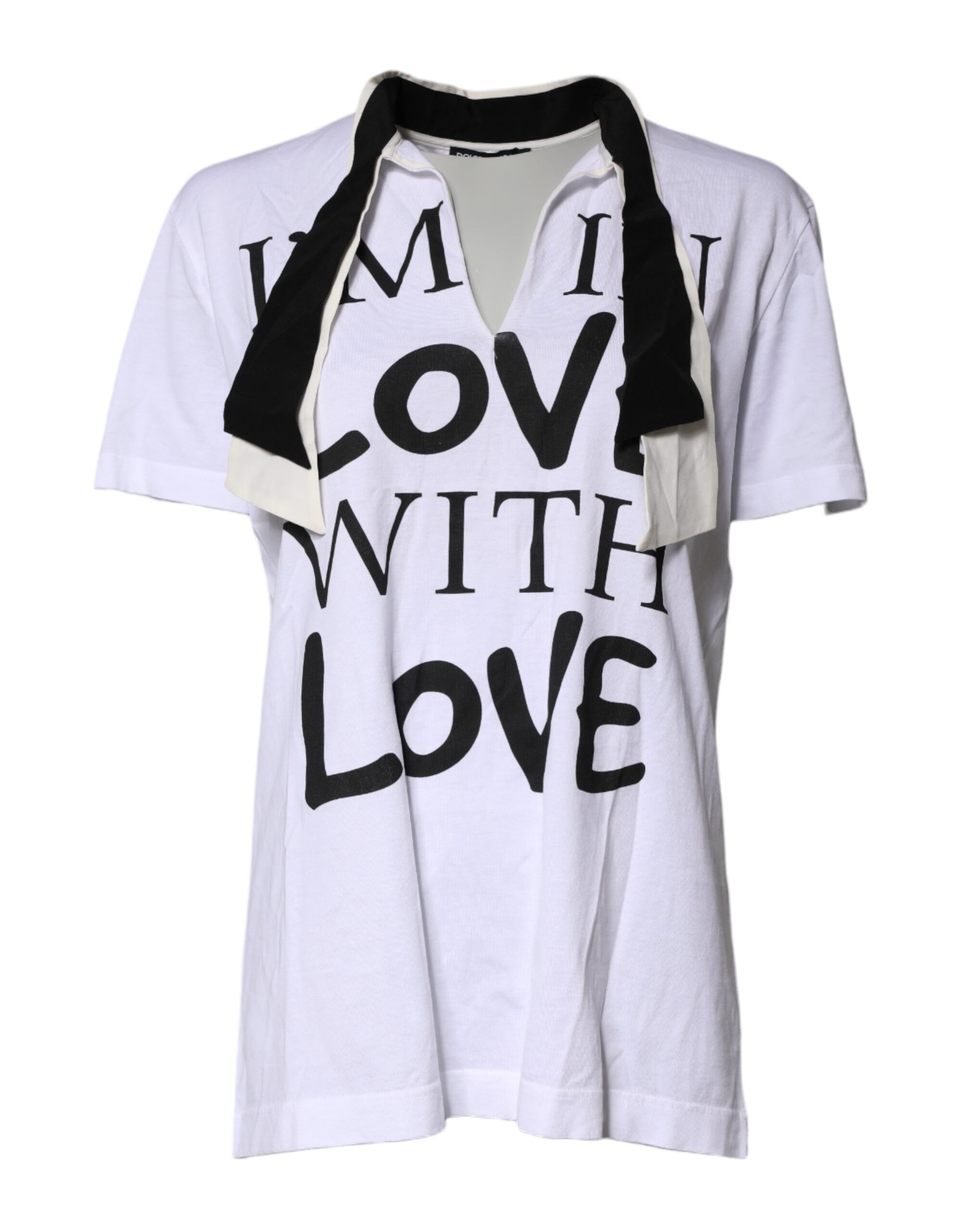 Weißes T-Shirt aus Baumwoll-Seiden-Mischgewebe mit Ascot-Kragen