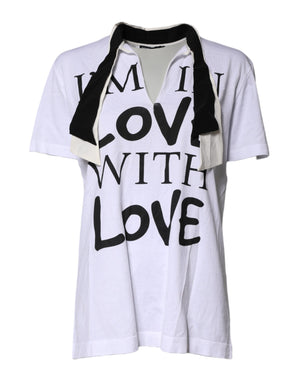 Weißes T-Shirt aus Baumwoll-Seiden-Mischgewebe mit Ascot-Kragen