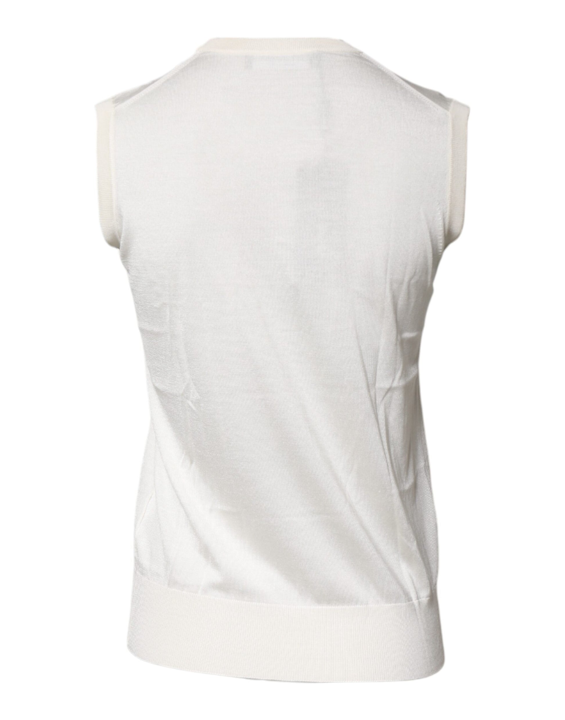 Cremefarbenes, ärmelloses Tanktop aus Seide mit Rundhalsausschnitt