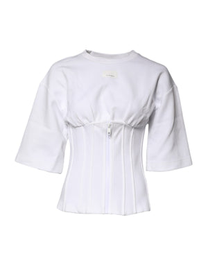 White Cotton Blend 3/4 Sleeves Blouse Top