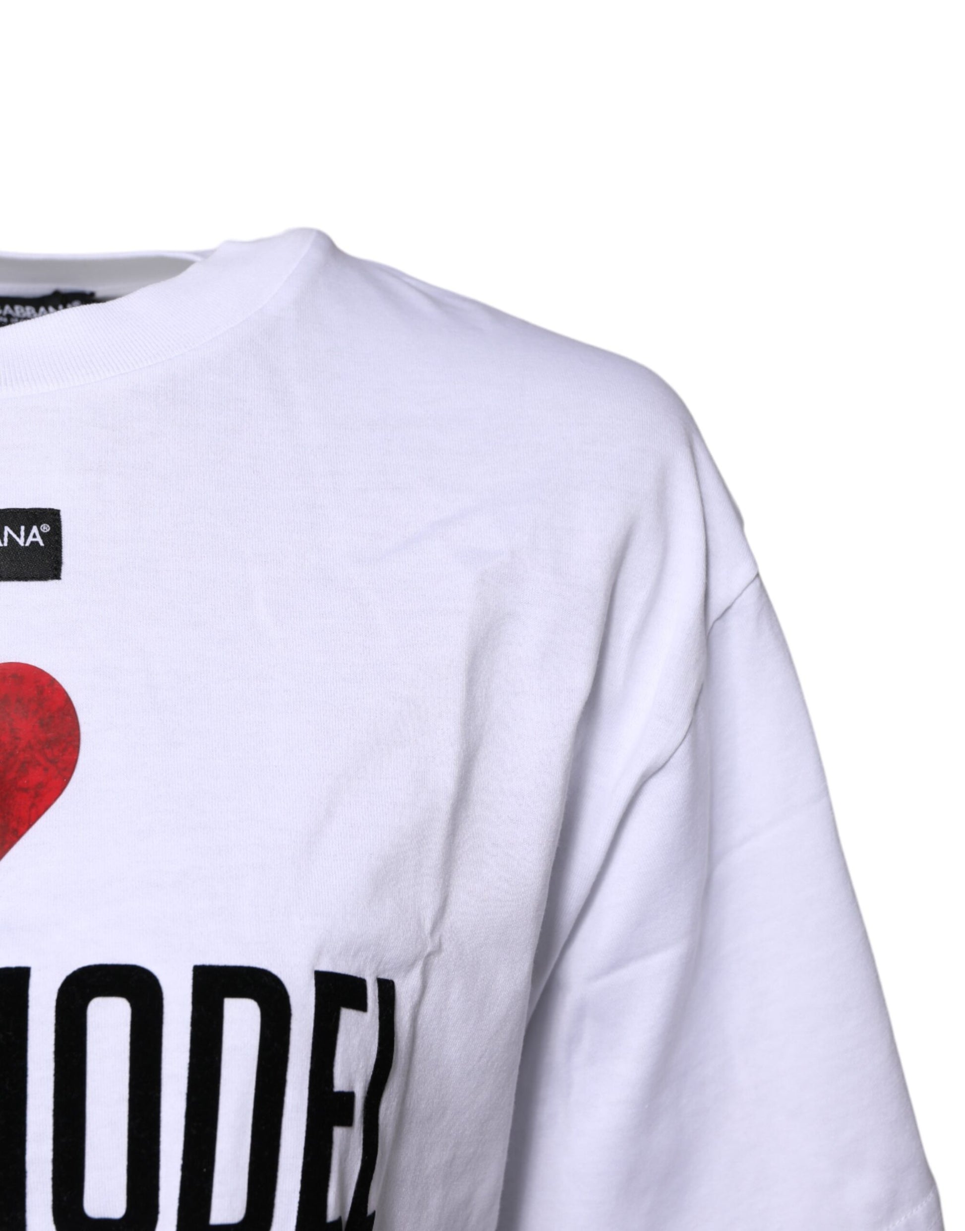 Weißes bedrucktes Baumwoll-T-Shirt mit Rundhalsausschnitt