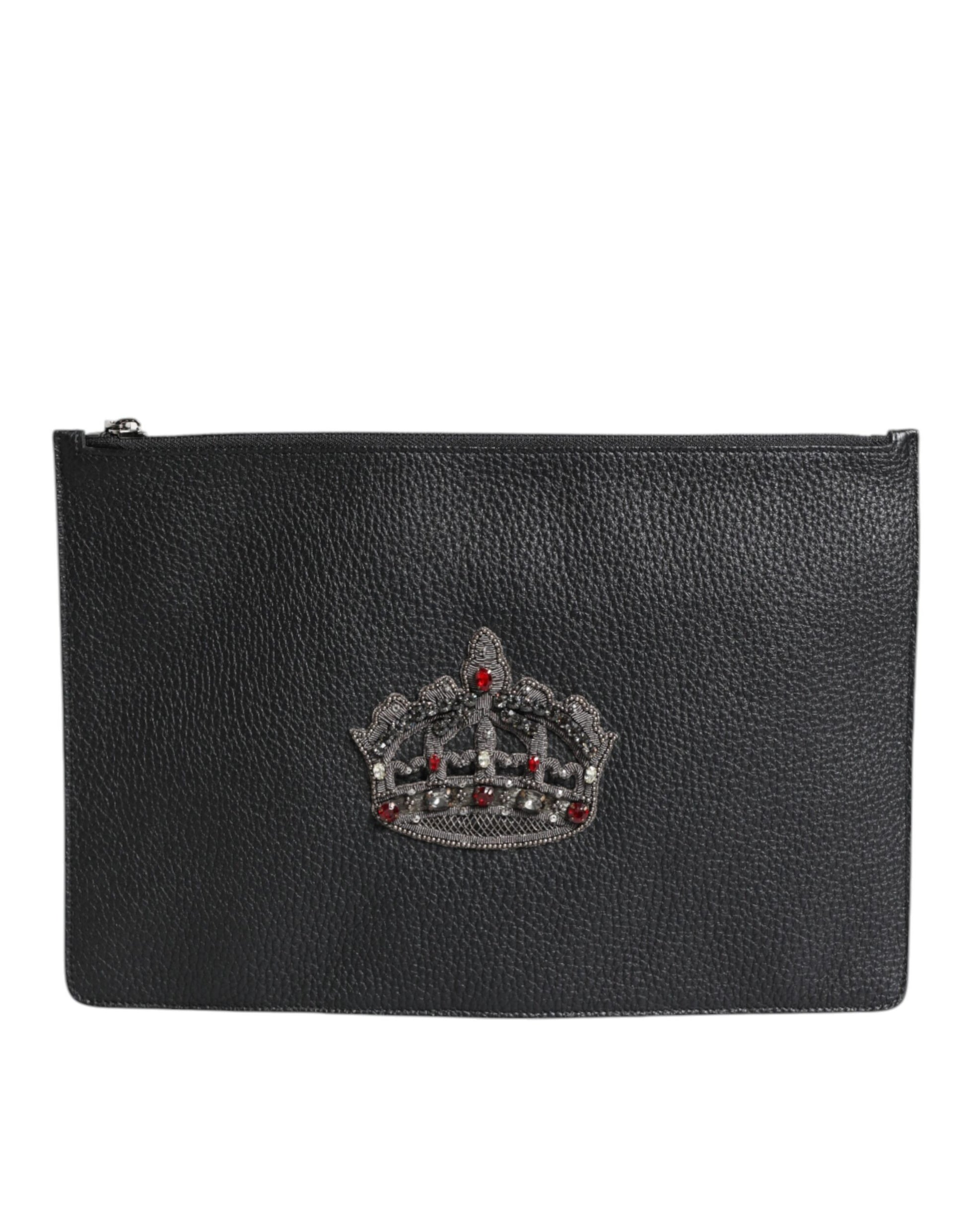 Schwarze Clutch aus Kalbsleder mit Kronenverzierung
