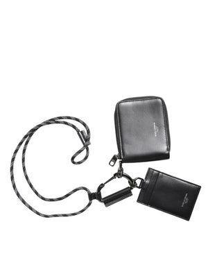 Schwarzes Kartenetui aus Leder mit Lanyard und Rundum-Reißverschluss