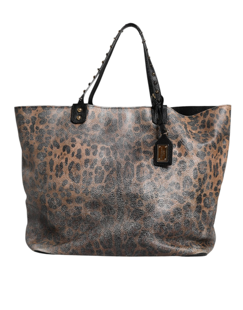 Braune Tragetasche aus Leder mit Logo-Schild „BEATRICE“ mit Leopardenmuster